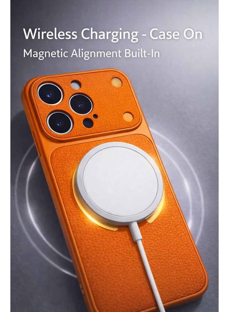 iPhone 16 Pro Max Luxury Magnetic Wireless Charging Case – Premium Orange Leather-Style Texture, Slim Fit, Raised Camera Protection - Image 2